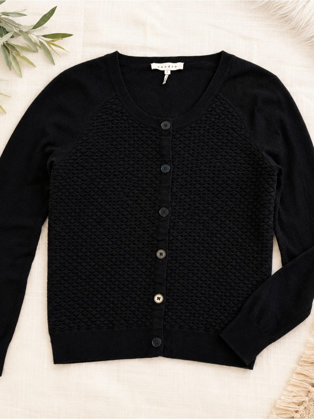 Sandro Paris Black Textured Cardigan Sweater Size 2 US M Angora